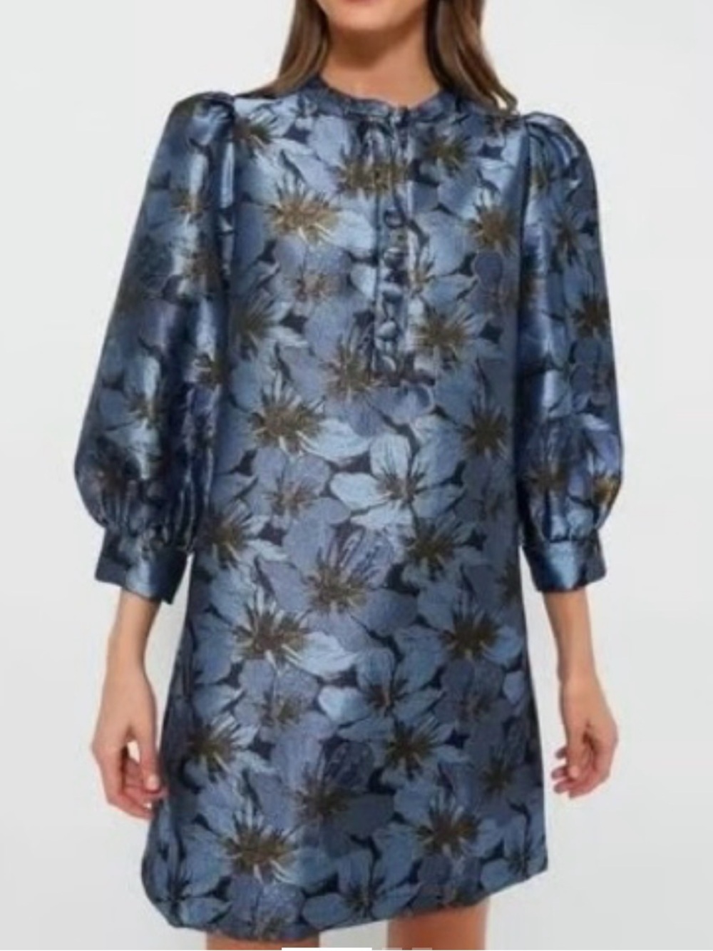 Pomander Place Metallic Blue Floral Jacquard Long Sleeve Dress